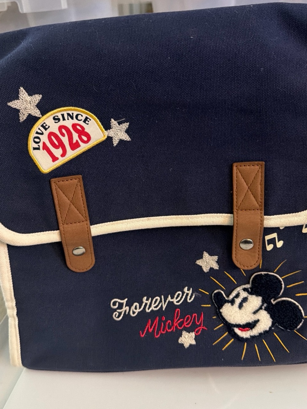 Navy "Forever Mickey" Canvas Messenger Bag with Brown Accents